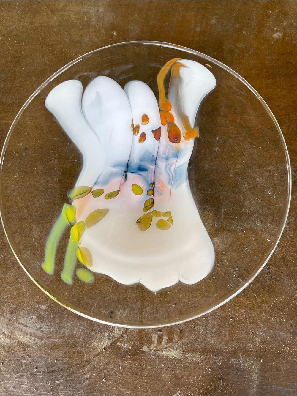 Hand blown White Glass Art Plate / bowl with Multicolor Accents